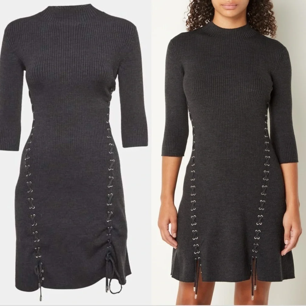 Maje Ribbed Knit Midi Dress Grey Acrylic Lace Eyelet Detail Three Quarter Sleeve